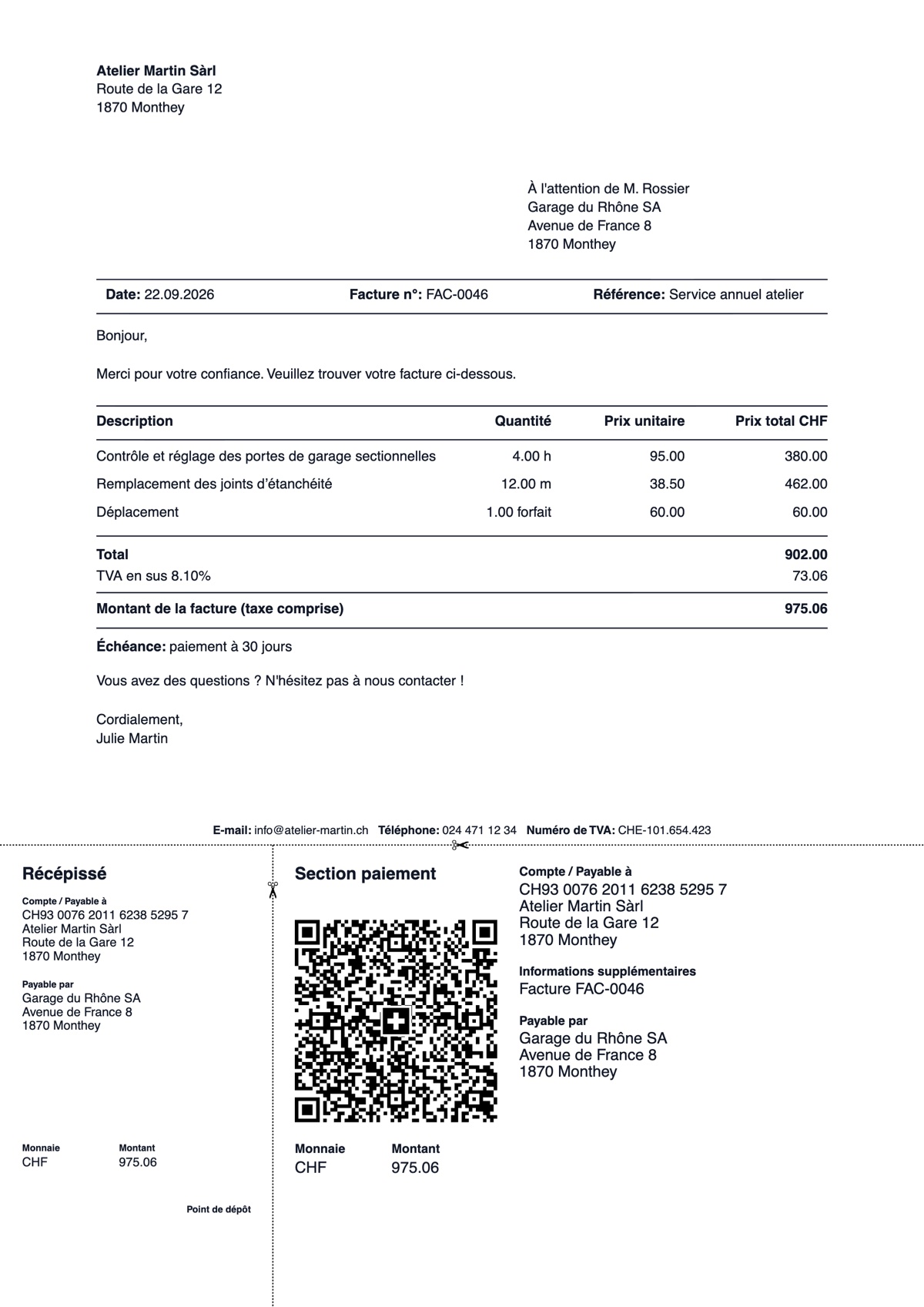 Exemple de facture Devica avec QR-facture
